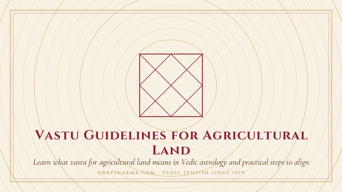 Vastu Guidelines for Agricultural Land — a Vedic birth-chart (kundli) diagram motif on a parchment plate