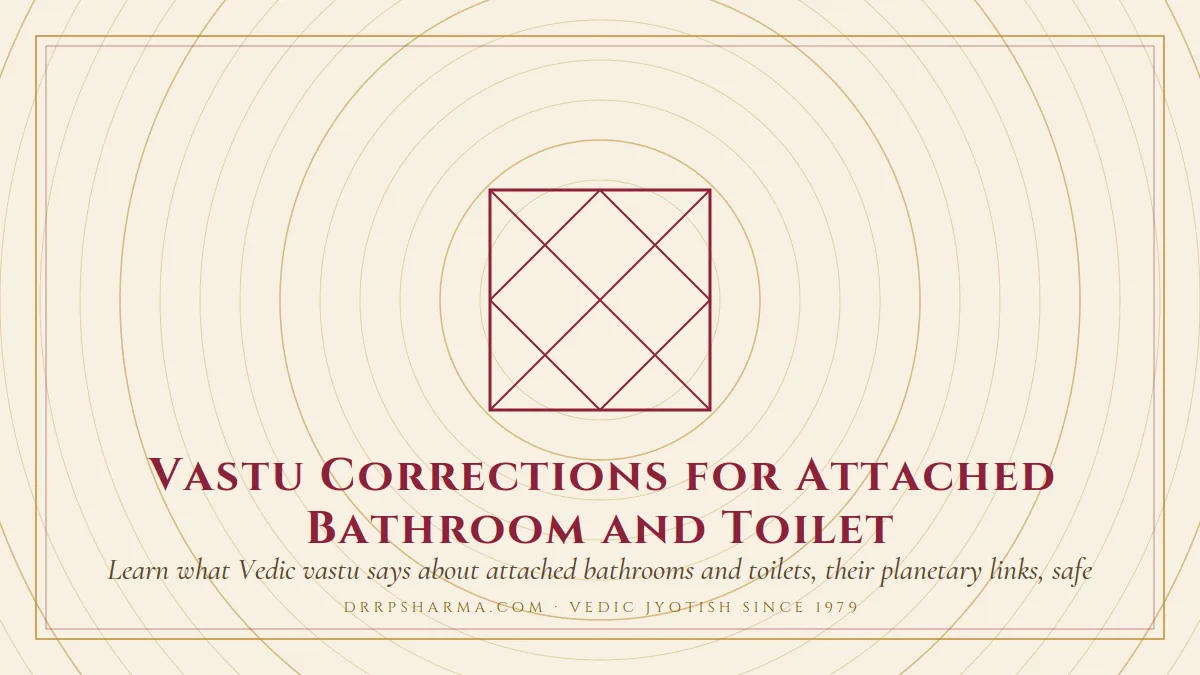 Vastu Corrections for Attached Bathroom and Toilet — a Vedic birth-chart (kundli) diagram motif on a parchment plate
