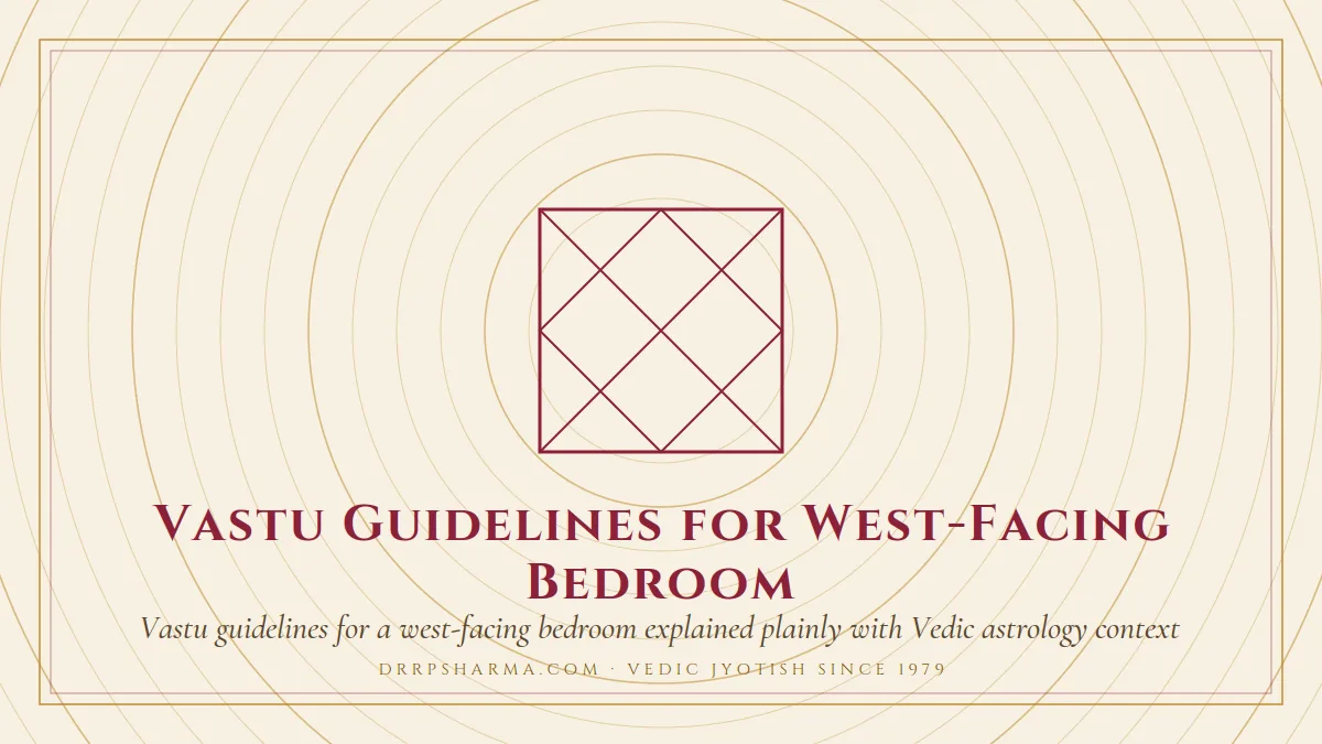 Vastu Guidelines for West-Facing Bedroom — a Vedic birth-chart (kundli) diagram motif on a parchment plate