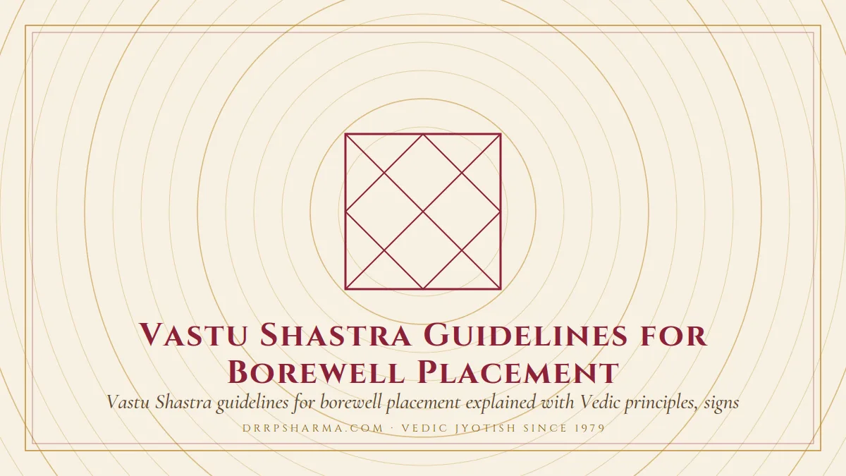 Vastu Shastra Guidelines for Borewell Placement — a Vedic birth-chart (kundli) diagram motif on a parchment plate
