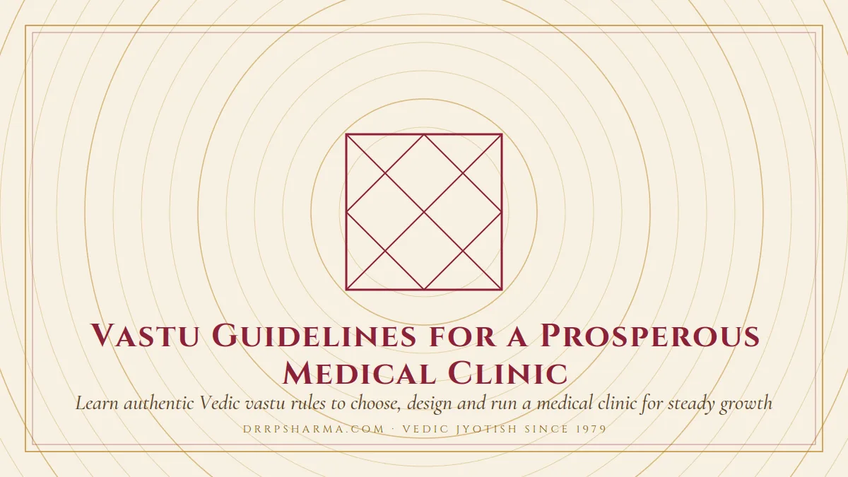 Vastu Guidelines for a Prosperous Medical Clinic — a Vedic birth-chart (kundli) diagram motif on a parchment plate