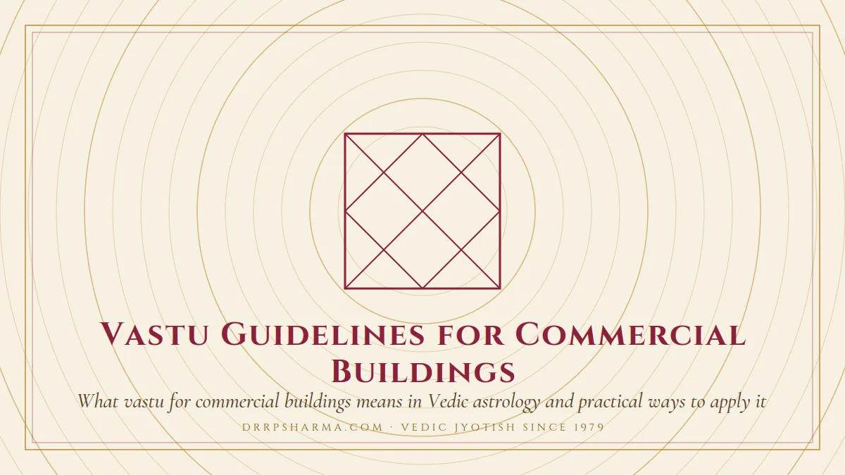 Vastu Guidelines for Commercial Buildings — a Vedic birth-chart (kundli) diagram motif on a parchment plate