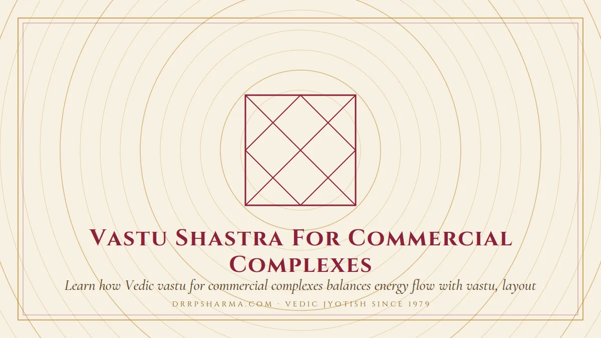 Vastu Shastra For Commercial Complexes — a Vedic birth-chart (kundli) diagram motif on a parchment plate