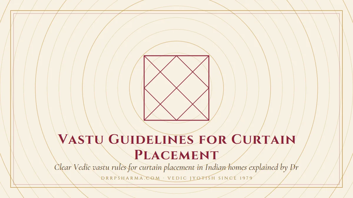 Vastu Guidelines for Curtain Placement — a Vedic birth-chart (kundli) diagram motif on a parchment plate