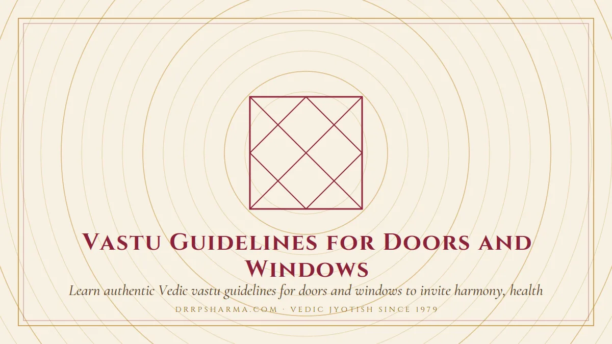Vastu Guidelines for Doors and Windows — a Vedic birth-chart (kundli) diagram motif on a parchment plate
