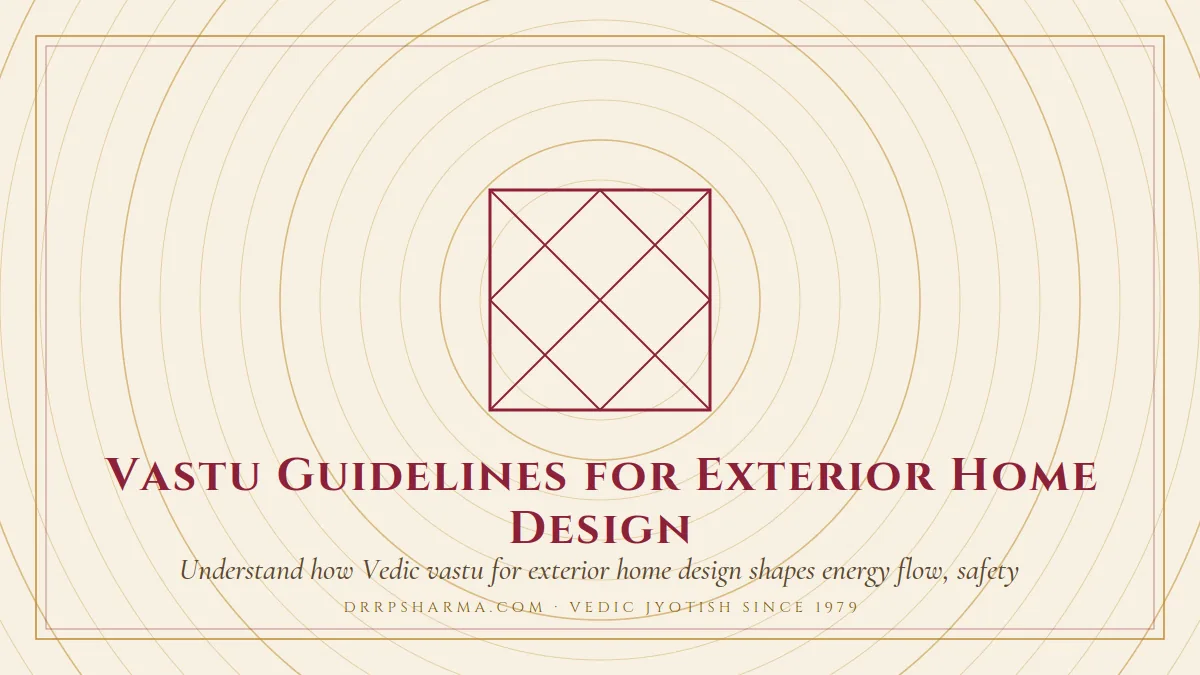 Vastu Guidelines for Exterior Home Design — a Vedic birth-chart (kundli) diagram motif on a parchment plate
