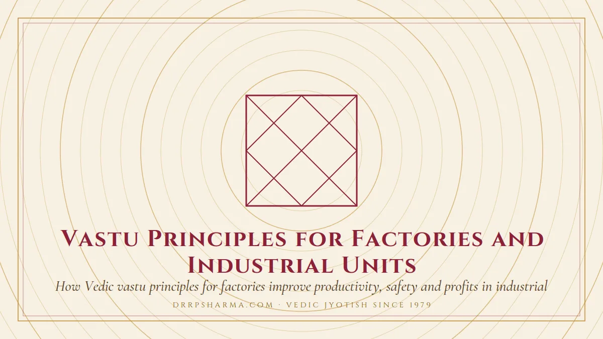 Vastu Principles for Factories and Industrial Units — a Vedic birth-chart (kundli) diagram motif on a parchment plate