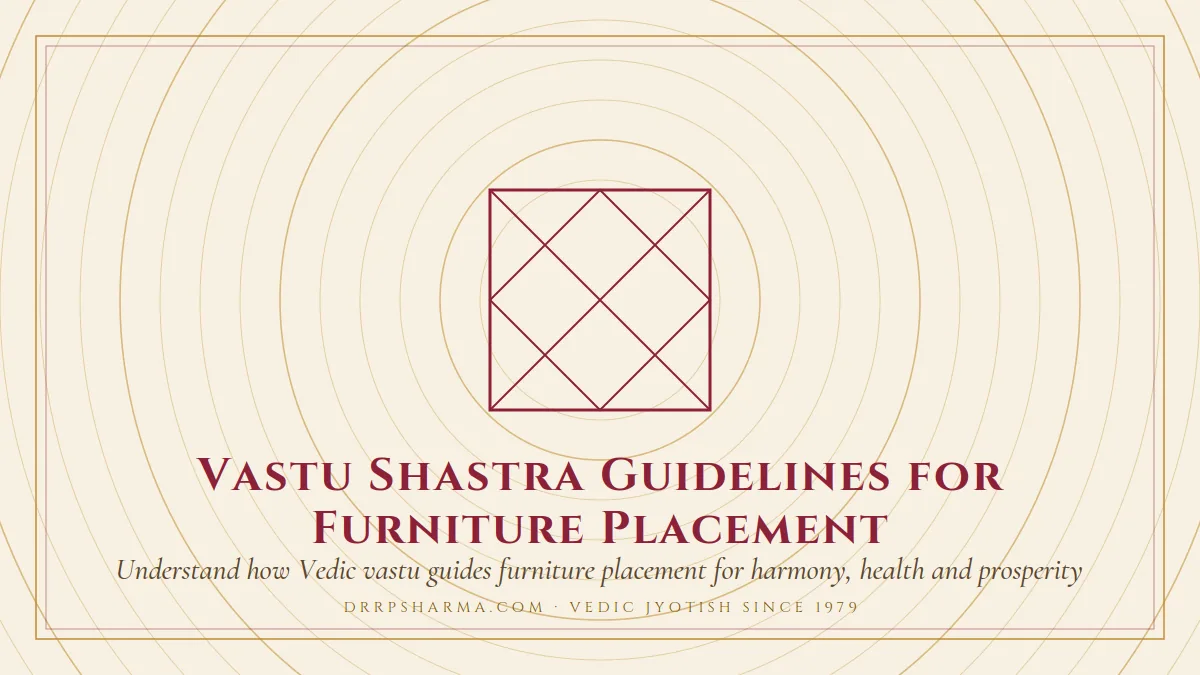 Vastu Shastra Guidelines for Furniture Placement — a Vedic birth-chart (kundli) diagram motif on a parchment plate