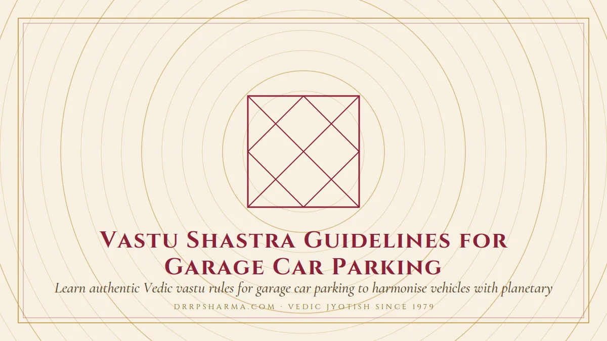 Vastu Shastra Guidelines for Garage Car Parking — a Vedic birth-chart (kundli) diagram motif on a parchment plate