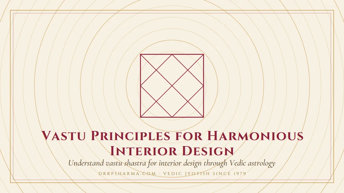 Vastu Principles for Harmonious Interior Design — a Vedic birth-chart (kundli) diagram motif on a parchment plate