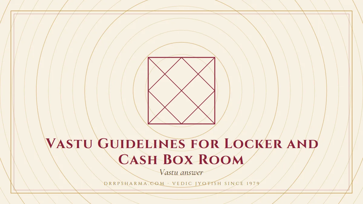 Vastu Guidelines for Locker and Cash Box Room — a Vedic birth-chart (kundli) diagram motif on a parchment plate