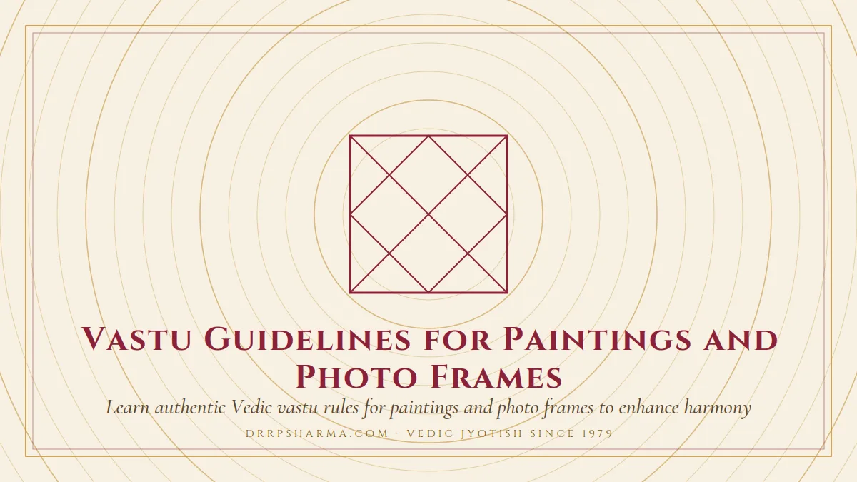 Vastu Guidelines for Paintings and Photo Frames — a Vedic birth-chart (kundli) diagram motif on a parchment plate