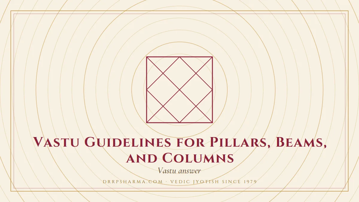Vastu Guidelines for Pillars, Beams, and Columns — a Vedic birth-chart (kundli) diagram motif on a parchment plate
