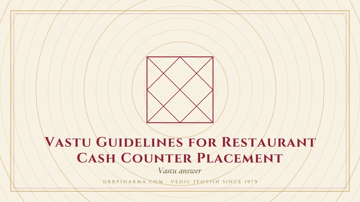 Vastu Guidelines for Restaurant Cash Counter Placement — a Vedic birth-chart (kundli) diagram motif on a parchment plate