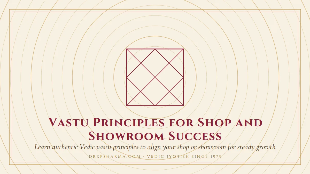 Vastu Principles for Shop and Showroom Success — a Vedic birth-chart (kundli) diagram motif on a parchment plate