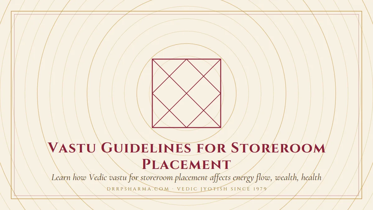 Vastu Guidelines for Storeroom Placement — a Vedic birth-chart (kundli) diagram motif on a parchment plate