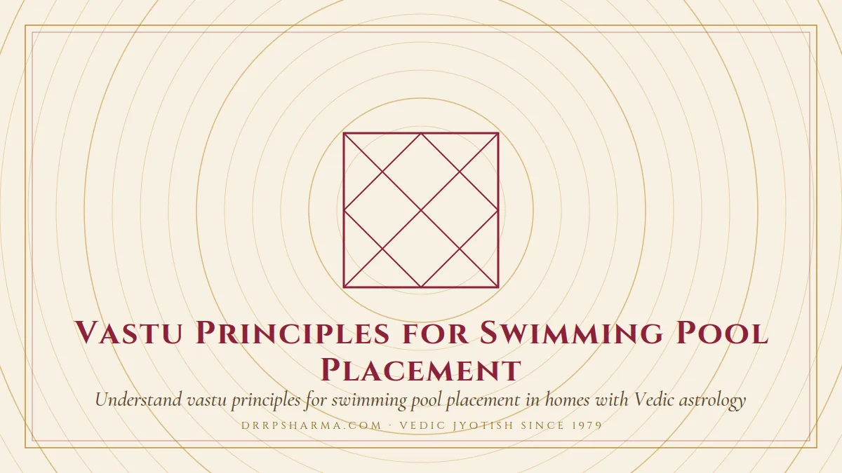 Vastu Principles for Swimming Pool Placement — a Vedic birth-chart (kundli) diagram motif on a parchment plate