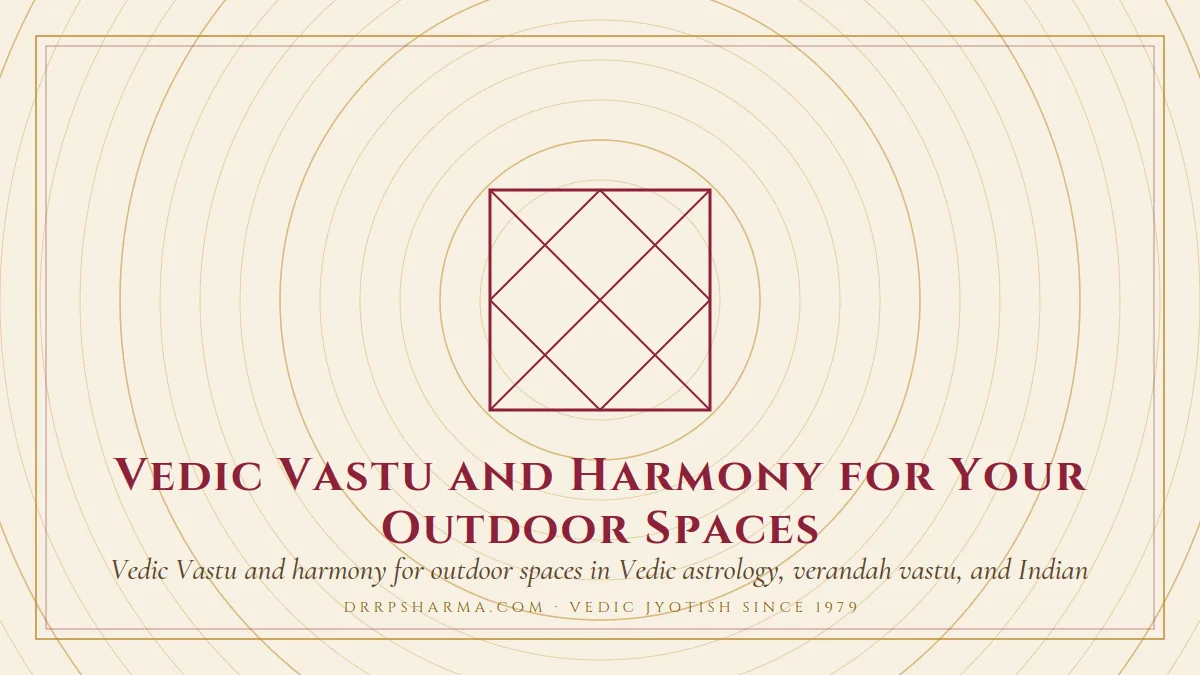 Vedic Vastu and Harmony for Your Outdoor Spaces — a Vedic birth-chart (kundli) diagram motif on a parchment plate