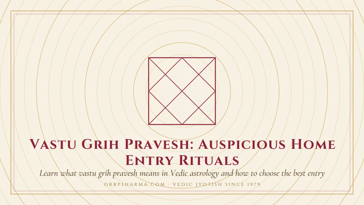 Vastu Grih Pravesh: Auspicious Home Entry Rituals — a Vedic birth-chart (kundli) diagram motif on a parchment plate