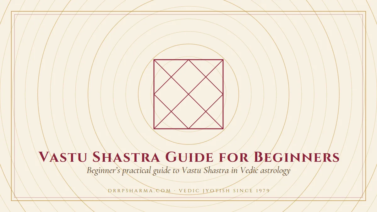 Vastu Shastra Guide for Beginners — a Vedic birth-chart (kundli) diagram motif on a parchment plate
