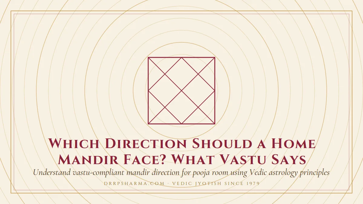 Which Direction Should a Home Mandir Face? What Vastu Says — a Vedic birth-chart (kundli) diagram motif on a parchment plate