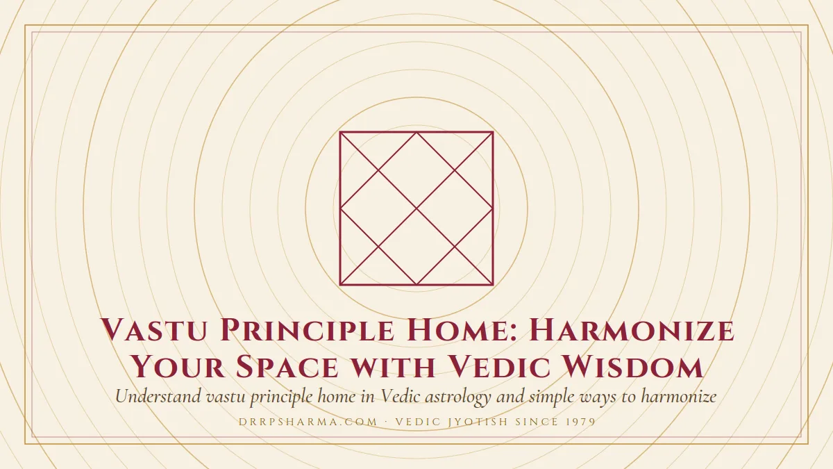 Vastu Principle Home: Harmonize Your Space with Vedic Wisdom — a Vedic birth-chart (kundli) diagram motif on a parchment plate