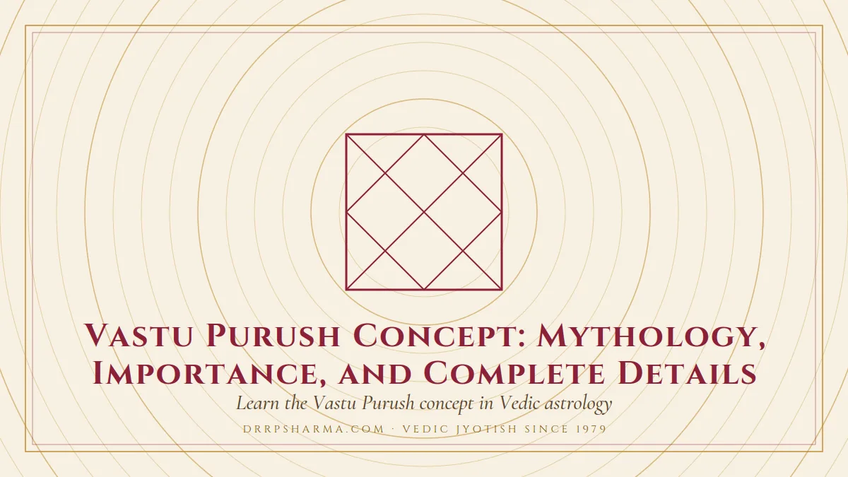 Vastu Purush Concept: Mythology, Importance, and Complete Details — a Vedic birth-chart (kundli) diagram motif on a parchment plate