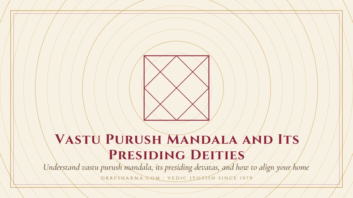 Vastu Purush Mandala and Its Presiding Deities — a Vedic birth-chart (kundli) diagram motif on a parchment plate