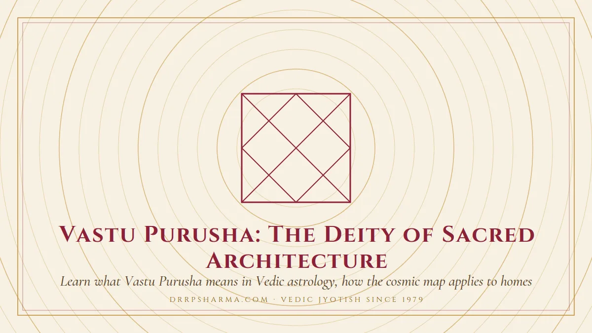 Vastu Purusha: The Deity of Sacred Architecture — a Vedic birth-chart (kundli) diagram motif on a parchment plate