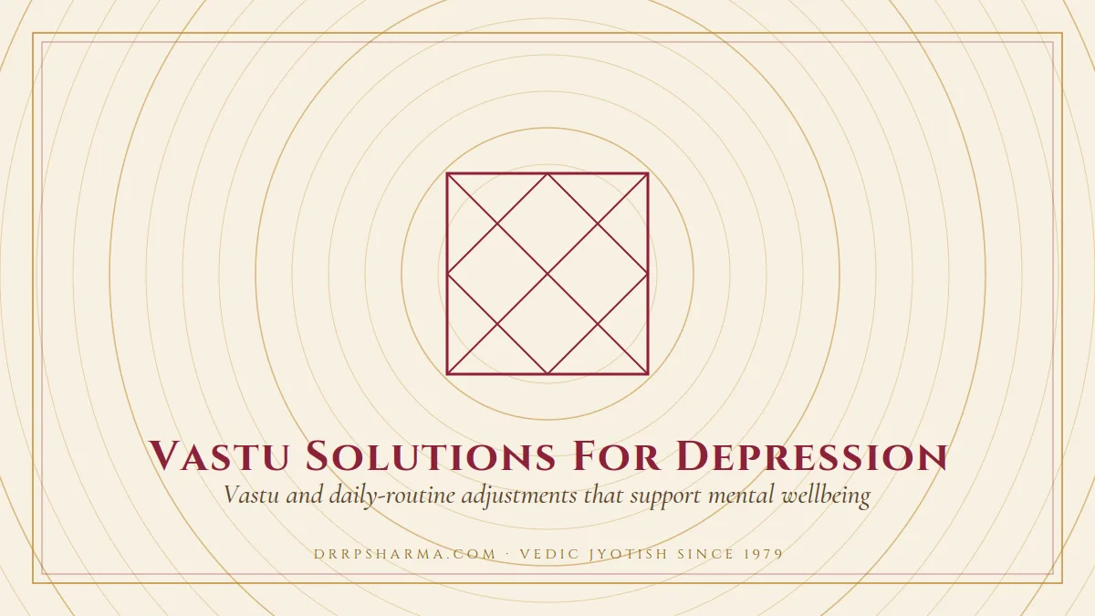 Vastu Solutions For Depression — a Vedic birth-chart (kundli) diagram motif on a parchment plate