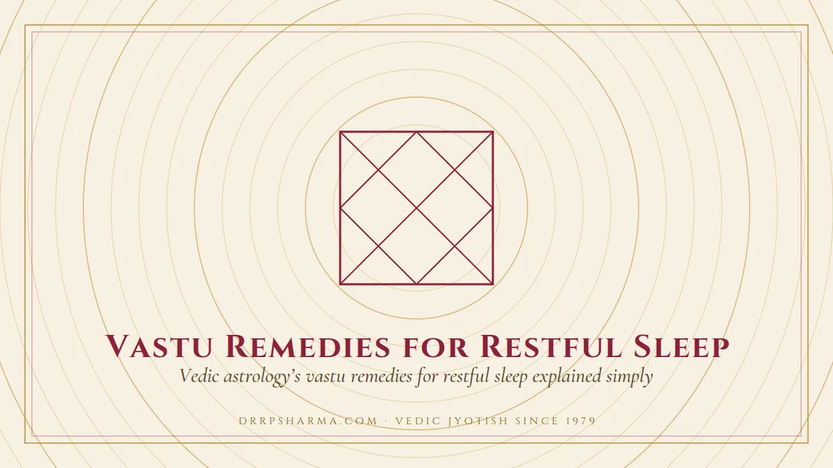 Vastu Remedies for Restful Sleep — a Vedic birth-chart (kundli) diagram motif on a parchment plate