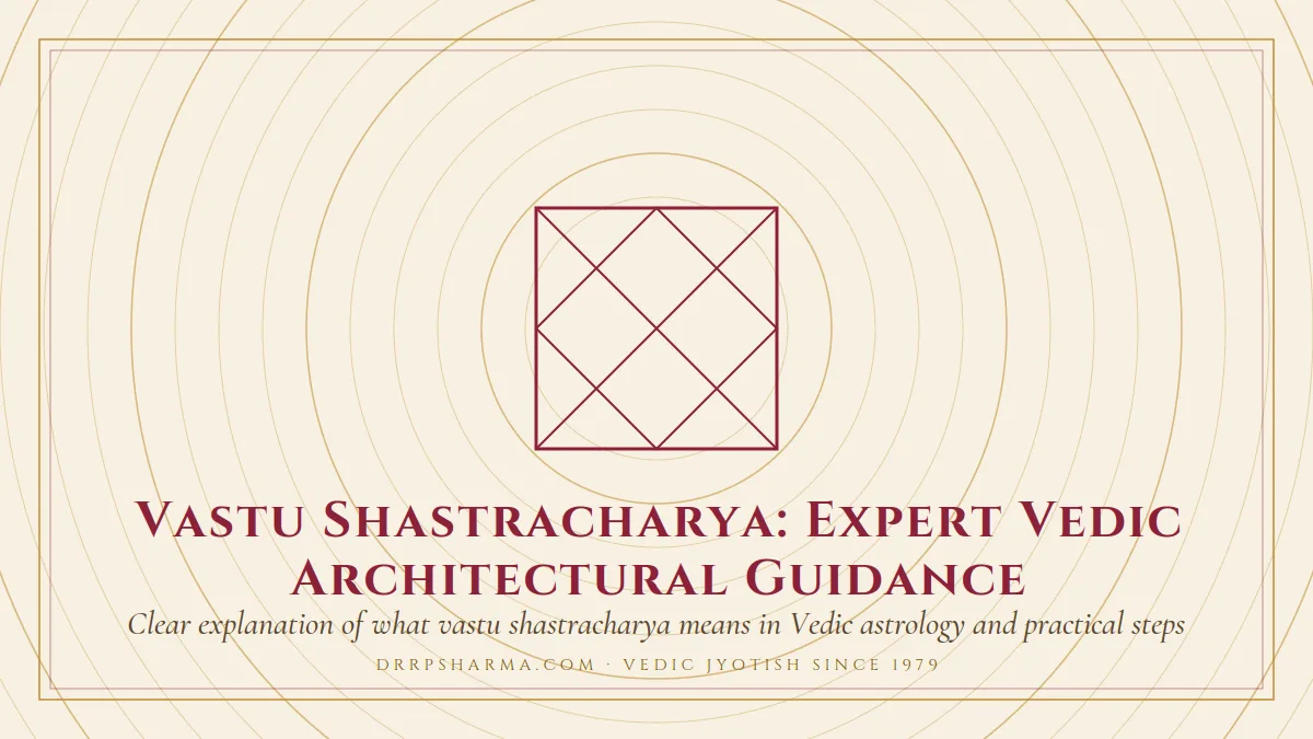 Vastu Shastracharya: Expert Vedic Architectural Guidance — a Vedic birth-chart (kundli) diagram motif on a parchment plate