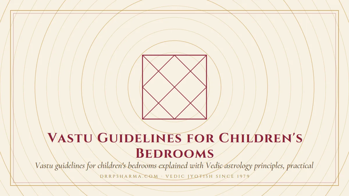 Vastu Guidelines for Children's Bedrooms — a Vedic birth-chart (kundli) diagram motif on a parchment plate