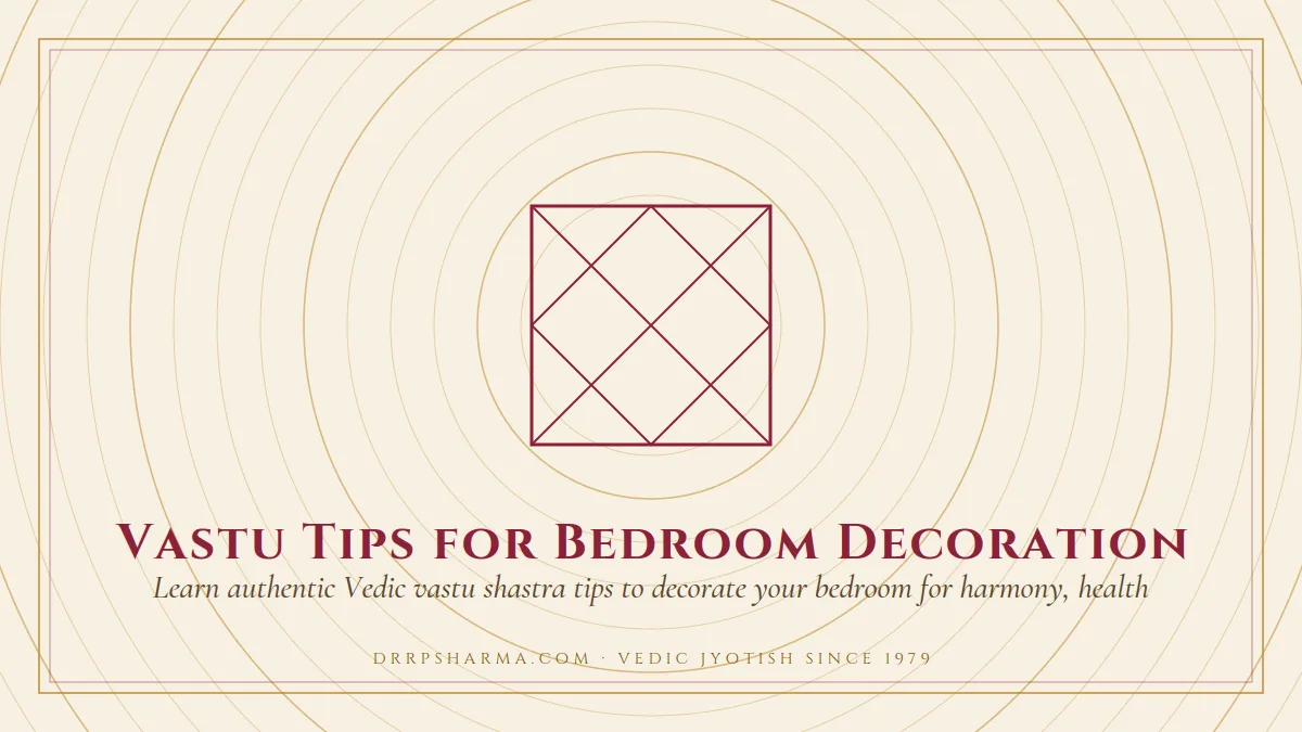 Vastu Tips for Bedroom Decoration — a Vedic birth-chart (kundli) diagram motif on a parchment plate