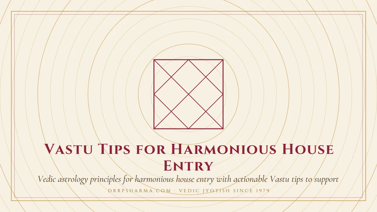 Vastu Tips for Harmonious House Entry — a Vedic birth-chart (kundli) diagram motif on a parchment plate