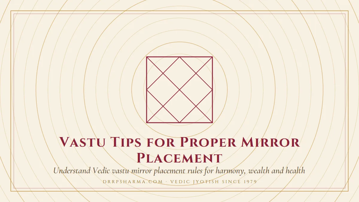 Vastu Tips for Proper Mirror Placement — a Vedic birth-chart (kundli) diagram motif on a parchment plate
