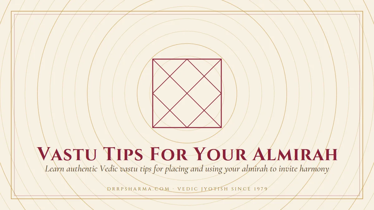Vastu Tips For Your Almirah — a Vedic birth-chart (kundli) diagram motif on a parchment plate
