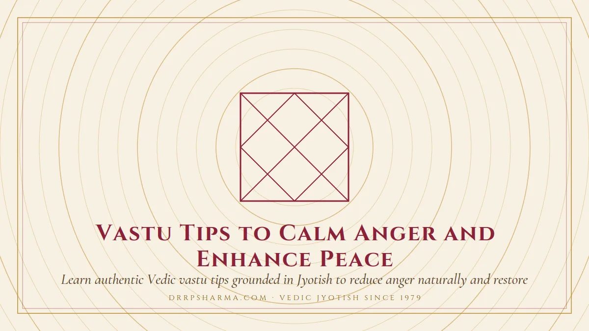 Vastu Tips to Calm Anger and Enhance Peace — a Vedic birth-chart (kundli) diagram motif on a parchment plate