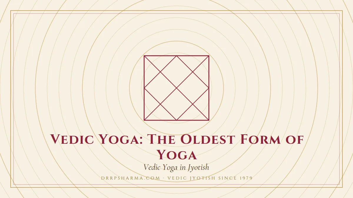 Vedic Yoga: The Oldest Form of Yoga — a Vedic birth-chart (kundli) diagram motif on a parchment plate