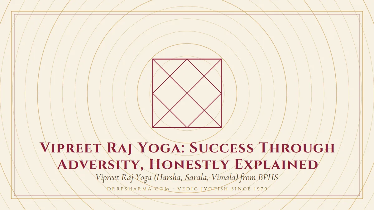 Vipreet Raj Yoga: Success Through Adversity, Honestly Explained — a Vedic birth-chart (kundli) diagram motif on a parchment plate