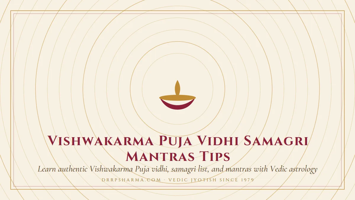 Vishwakarma Puja Vidhi Samagri Mantras Tips — a lit diya lamp motif on a parchment plate