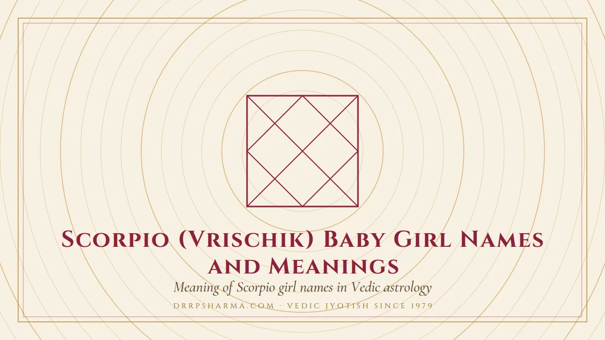 Scorpio (Vrischik) Baby Girl Names and Meanings — a Vedic birth-chart (kundli) diagram motif on a parchment plate
