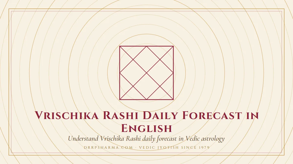 Vrischika Rashi Daily Forecast in English — a Vedic birth-chart (kundli) diagram motif on a parchment plate