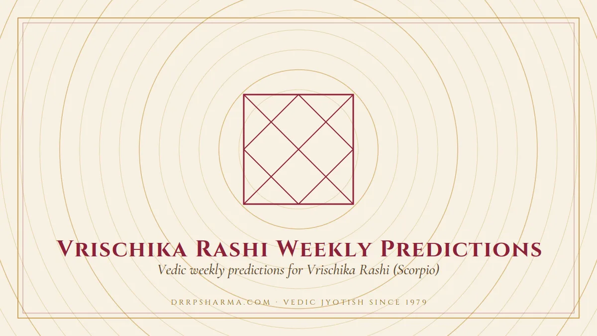 Vrischika Rashi Weekly Predictions — a Vedic birth-chart (kundli) diagram motif on a parchment plate