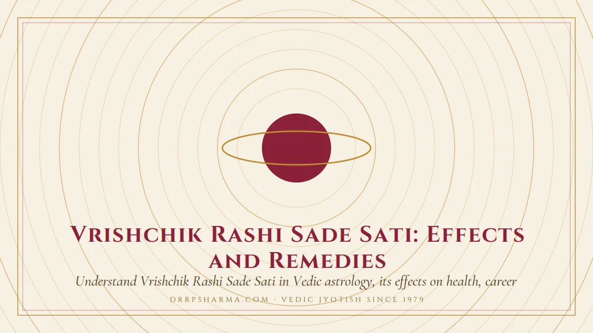 Vrishchik Rashi Sade Sati: Effects and Remedies — a ringed-planet motif on a parchment plate