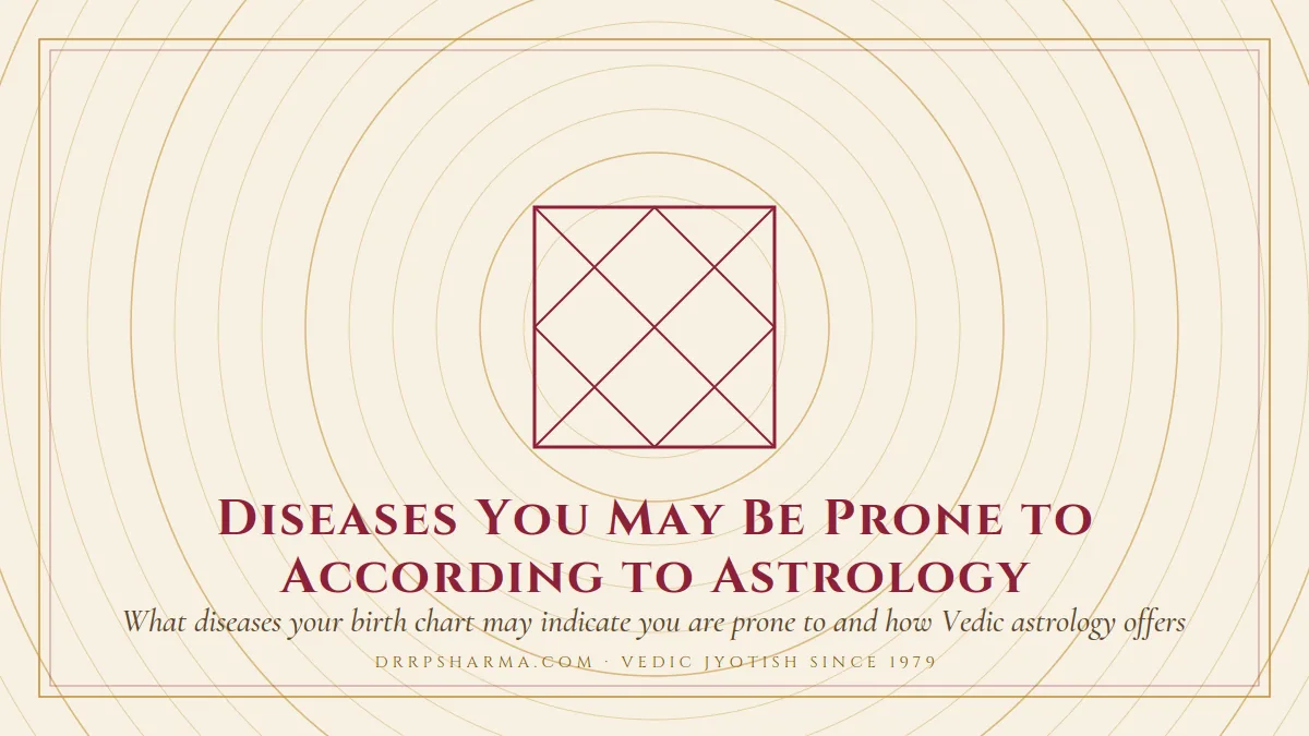 Diseases You May Be Prone to According to Astrology — a Vedic birth-chart (kundli) diagram motif on a parchment plate
