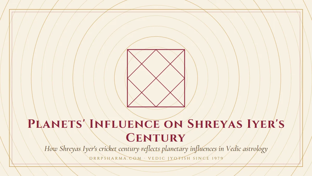 Planets' Influence on Shreyas Iyer's Century — a Vedic birth-chart (kundli) diagram motif on a parchment plate