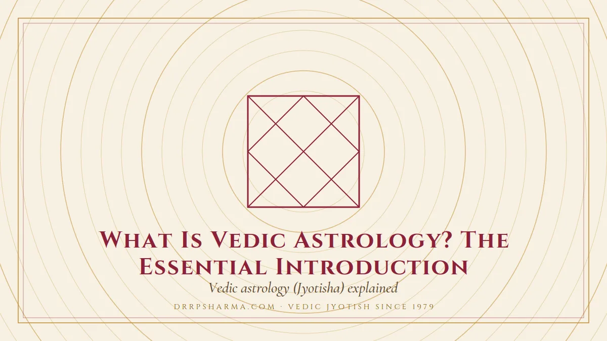 What Is Vedic Astrology? The Essential Introduction — a Vedic birth-chart (kundli) diagram motif on a parchment plate