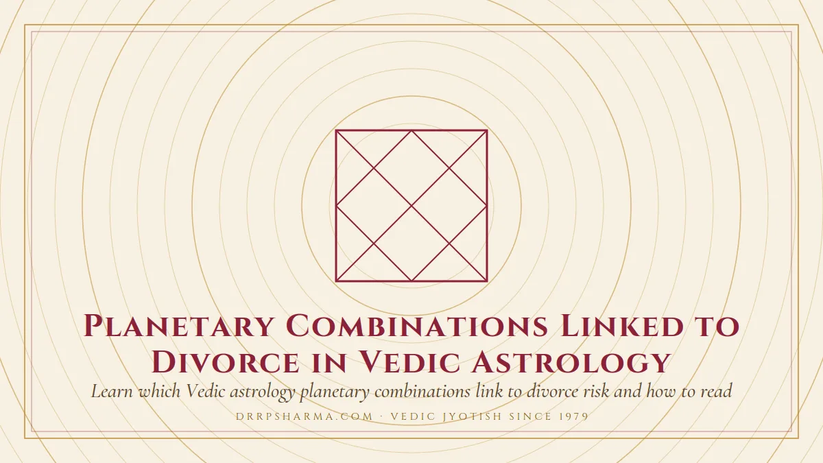 Planetary Combinations Linked to Divorce in Vedic Astrology — a Vedic birth-chart (kundli) diagram motif on a parchment plate