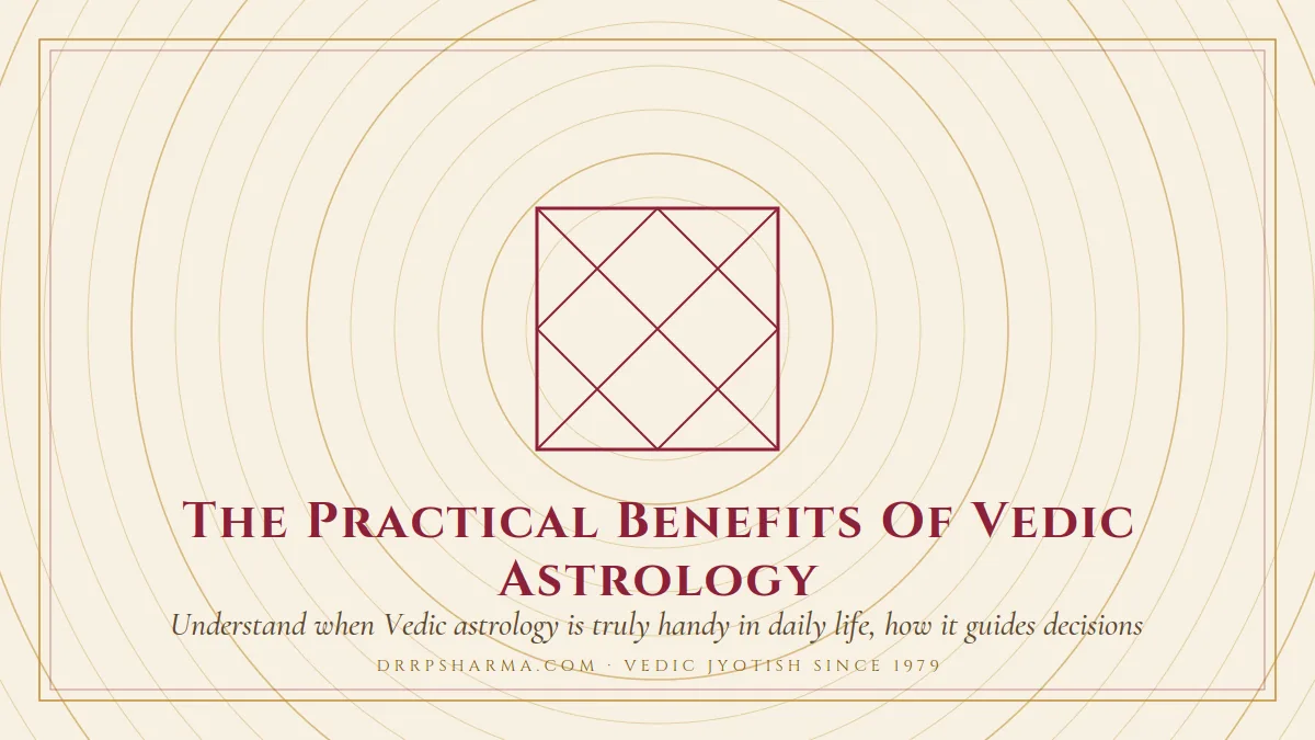 The Practical Benefits Of Vedic Astrology — a Vedic birth-chart (kundli) diagram motif on a parchment plate